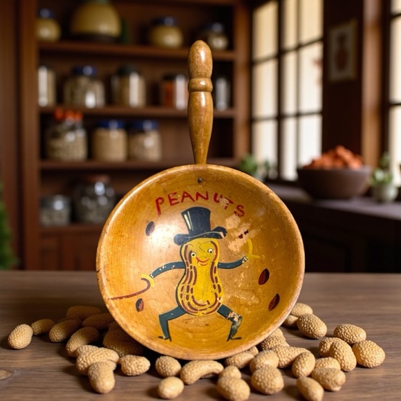 Antique Mr Peanut Hand Painted Wood Snack Bowl With Handle Wall Art - Picture 2 of 5